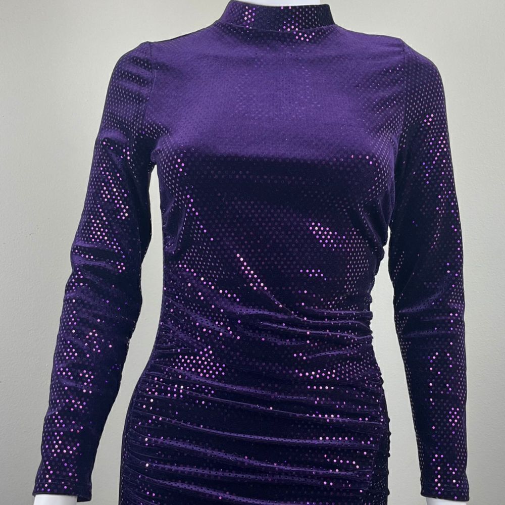 Zara Women Size XS Purple Sequins Velvet Ruched Midi Dress Long Sleeve Mock Neck - Picture 3 of 15